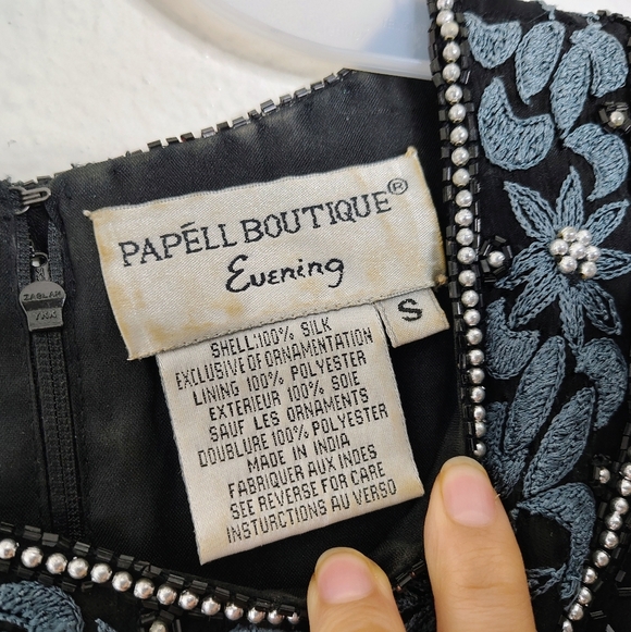 Vintage Papell Boutique Evening Top Womens Small Black Blue Floral Silk Beaded - Picture 14 of 14
